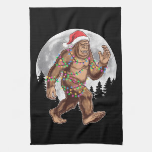 Bigfoot Santa Christmas Tree Lights Xmas Sasquatch Tea Towel