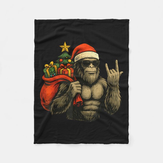 Bigfoot Santa Christmas Tree Rock On Funny Xmas Sa Fleece Blanket (Front)