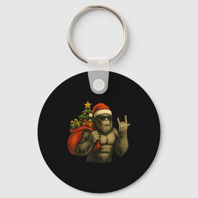 Bigfoot Santa Christmas Tree Rock On Funny Xmas Sa Key Ring (Front)