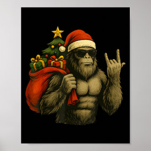 Bigfoot Santa Christmas Tree Rock On Funny Xmas Sa Poster
