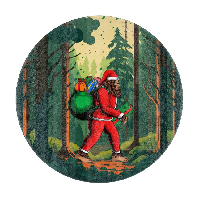 Bigfoot Santa Claus Sack of Gifts 12" Round  Cutting Board (Front)