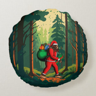 Bigfoot Santa Claus Sack of Gifts Round Cushion