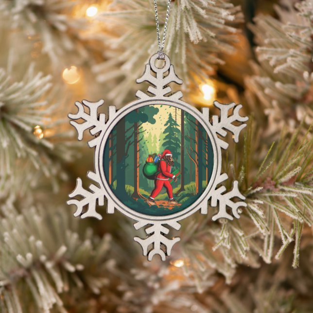 Bigfoot Santa Claus Sack of Gifts Snowflake Pewter Christmas Ornament (Tree)