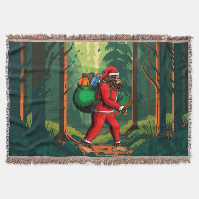 Bigfoot Santa Claus Sack of Gifts Throw Blanket (Front)