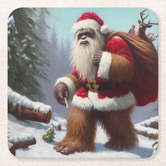 Bigfoot Santa Claus Square Paper Coaster (Front)