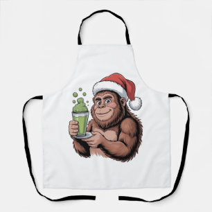 Bigfoot Santa Funny Sasquatch Holding Matcha Xmas Apron