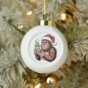 Bigfoot Santa Funny Sasquatch Holding Matcha Xmas Ceramic Ball Christmas Ornament