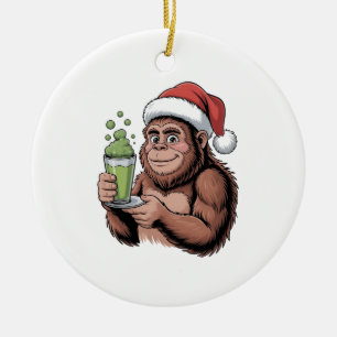 Bigfoot Santa Funny Sasquatch Holding Matcha Xmas Ceramic Ornament