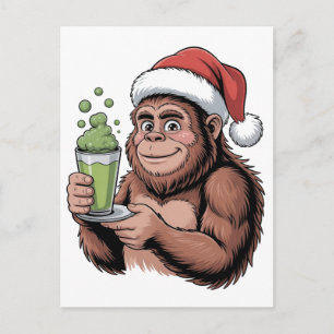 Bigfoot Santa Funny Sasquatch Holding Matcha Xmas Postcard