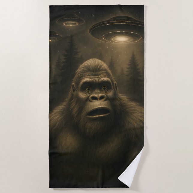 Bigfoot Sasquatch Alien UFO Funny Beach Towel (Front)