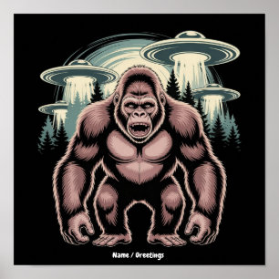 Bigfoot Sasquatch Alien UFO Funny Graphic Design Poster