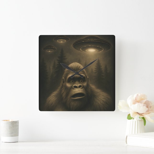 Bigfoot Sasquatch Alien UFO Funny Square Wall Clock (Home)