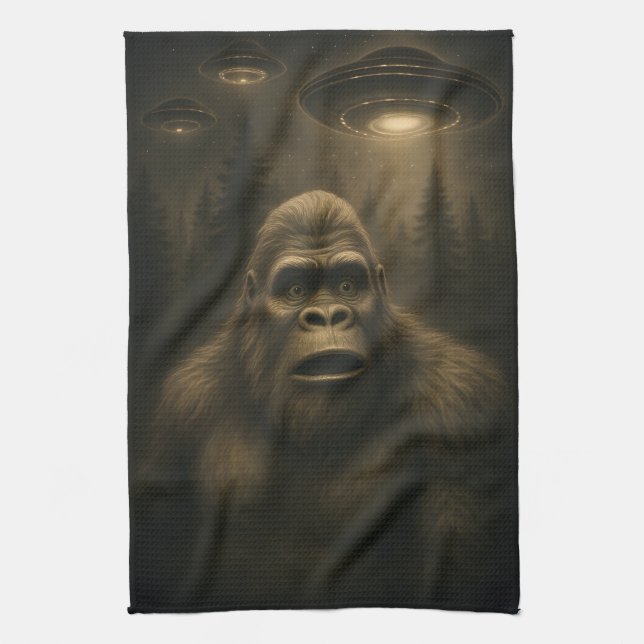 Bigfoot Sasquatch Alien UFO Funny Tea Towel (Vertical)