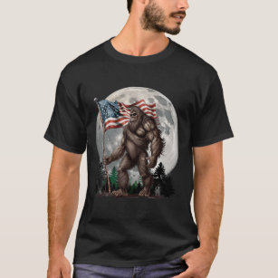 Bigfoot Sasquatch - American Flag Full Moon Patrio T-Shirt
