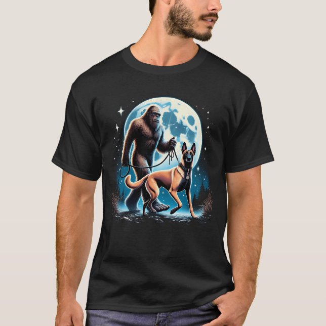 Bigfoot Sasquatch Belgian Malinois Walking Dog T-Shirt (Front)