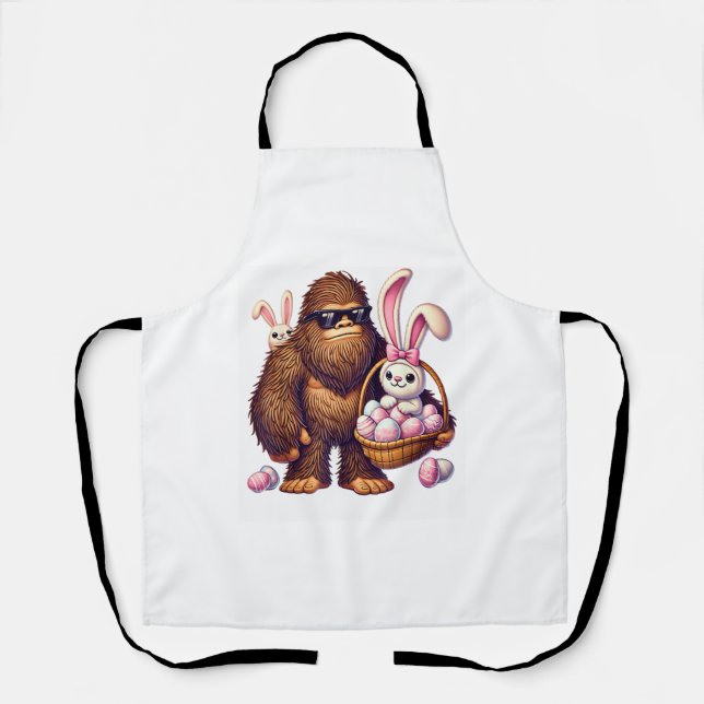 Bigfoot Sasquatch Bunny Easter Eggs Retro Men Boys Apron (Front)