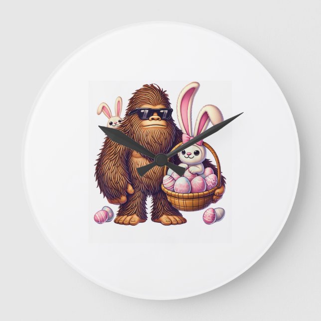 Bigfoot Sasquatch Bunny Easter Eggs Retro Men Boys Large Clock (Front)