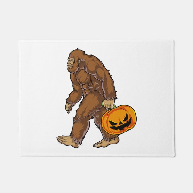 Bigfoot Sasquatch Carrying Scary Pumpkin T shirt Doormat (Front)