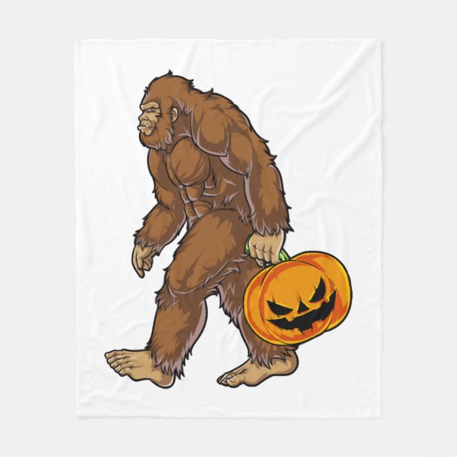 Bigfoot Sasquatch Carrying Scary Pumpkin T shirt Fleece Blanket (Front)