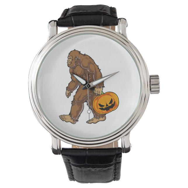 Bigfoot Sasquatch Carrying Scary Pumpkin T shirt Watch (Front)