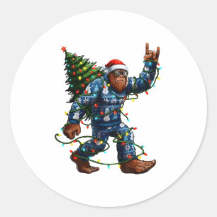 Bigfoot Sasquatch Christmas Tree Santa Hat Lights Classic Round Sticker