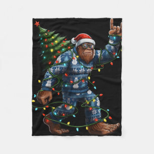 Bigfoot Sasquatch Christmas Tree Santa Hat Lights Fleece Blanket
