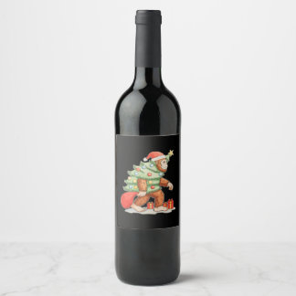 Bigfoot Sasquatch Christmas Tree Xmas Lights Wine Label