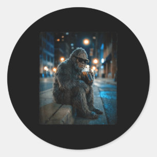 Bigfoot sasquatch drinking iced coffee funny anima classic round sticker