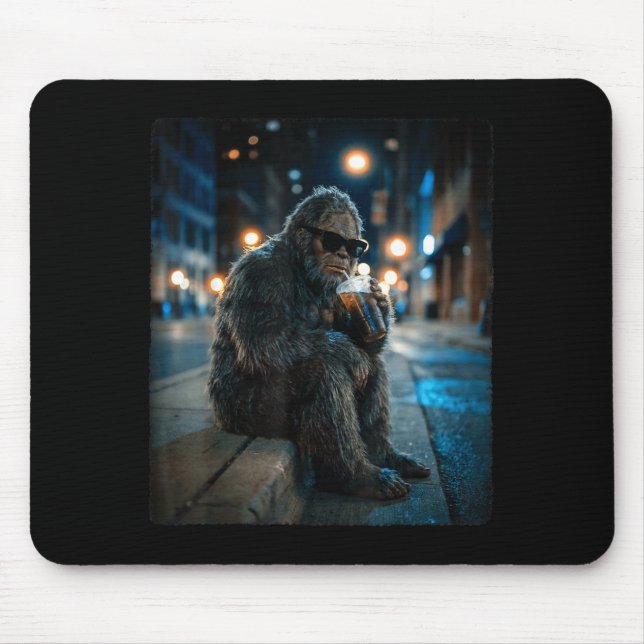Bigfoot sasquatch drinking iced coffee funny anima mouse pad (Front)