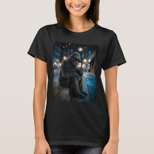 Bigfoot sasquatch drinking iced coffee funny anima T-Shirt