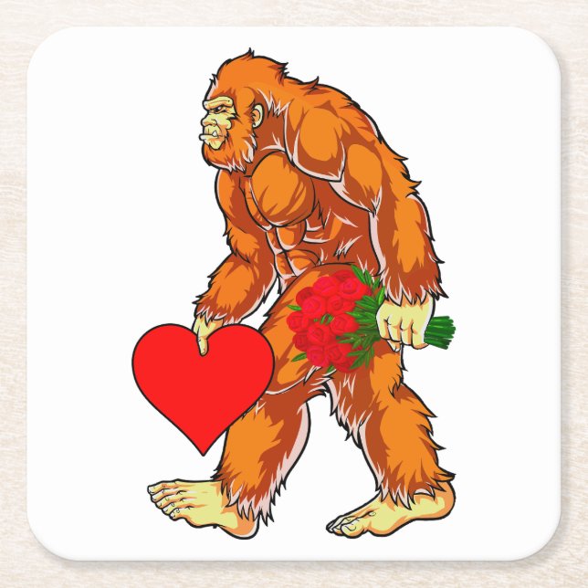 Bigfoot Sasquatch Funny Valentines Day Love Square Paper Coaster (Front)