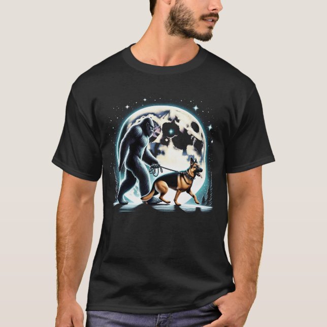 Bigfoot Sasquatch German Shepherd Walking Dog T-Shirt (Front)