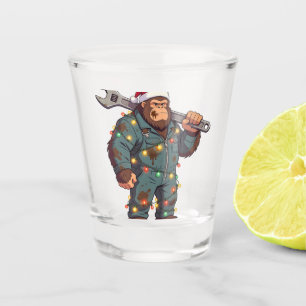 Bigfoot Sasquatch Mechanic Christmas Blue Collar Shot Glass
