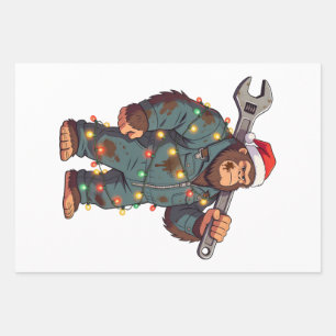 Bigfoot Sasquatch Mechanic Christmas Blue Collar Wrapping Paper Sheet