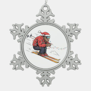 Bigfoot Sasquatch Skiing Christmas Ice Skiing Snowflake Pewter Christmas Ornament