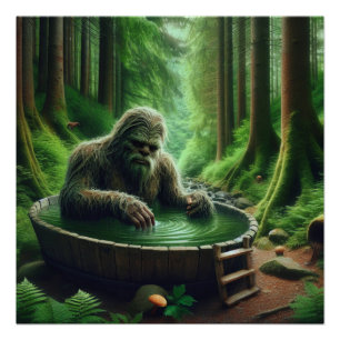 Bigfoot Sasquatch Taking a Bath in the Woods Poster