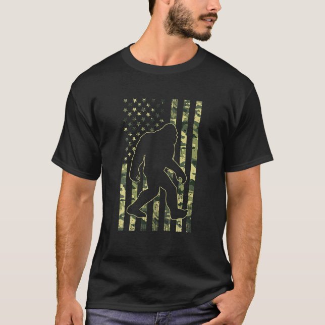 Bigfoot Sasquatch USA Camouflage American Flag T-Shirt (Front)