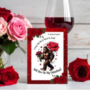 Bigfoot Sasquatch Valentine Romantic Red Glitter Holiday Card