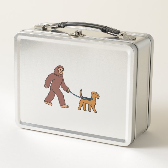 Bigfoot Sasquatch Walking Airedale Terrier Metal Lunch Box (Front)