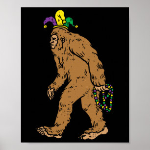Bigfoot Sasquatsh Jester Hat Beads Funny Mardi Gra Poster