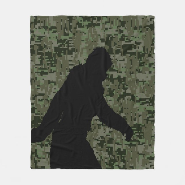 Bigfoot Silhouette on Woodland Digital Camouflage Fleece Blanket (Front)
