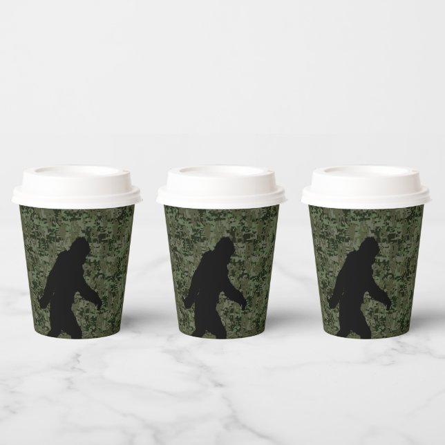 Bigfoot Silhouette on Woodland Digital Camouflage Paper Cups (Multi)