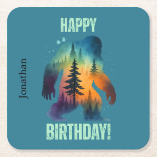 Bigfoot Silhouette Sunset Forest Happy Birthday Square Paper Coaster