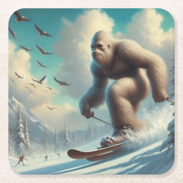 Bigfoot Skiing Square Paper Coaster (Front)