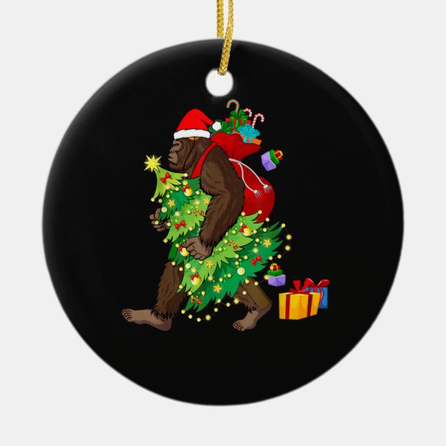 Bigfoot Squatching Through the Snow Christmas Tree Ceramic Ornament (Front)
