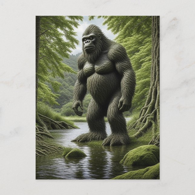 Bigfoot standing in a Creek Cartoon  Postcard (Front)