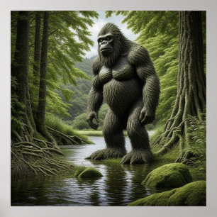 Bigfoot standing in a Creek Cartoon  Poster