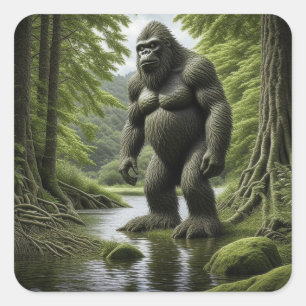 Bigfoot standing in a Creek Cartoon  Square Sticker