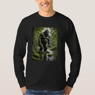 Bigfoot standing in a Creek Cartoon T-Shirt