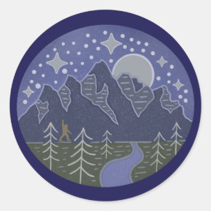 Bigfoot Starry Night Walk   Cryptid Folk Art Classic Round Sticker